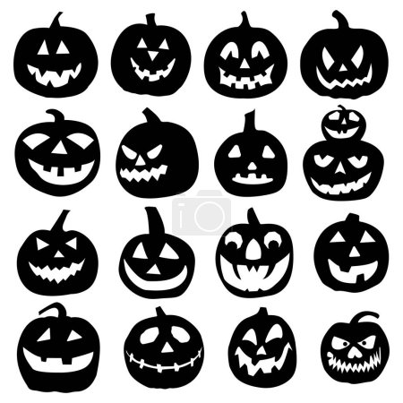 Ilustración de Colección de siluetas de calabaza de Halloween, elementos para decoraciones de Halloween. Colección de caras de calabaza para Halloween. - Imagen libre de derechos