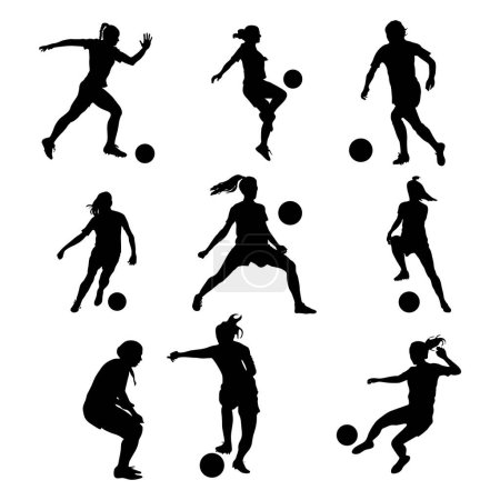 Women Soccer player silhouette, girl player vector, female soccer football player silhouette. 
