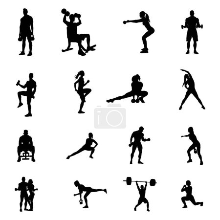 Téléchargez les illustrations : Silhouettes de gym fitness, silhouettes d'exercice fitness - en licence libre de droit