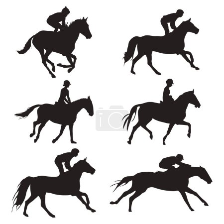 Téléchargez les illustrations : Jockey équitation cheval silhouette, jockeys silhouette ensemble - en licence libre de droit