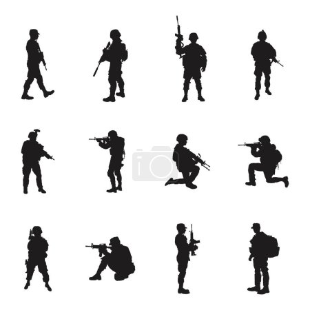 Téléchargez les illustrations : Silhouettes de soldat, ensemble silhouette de soldat militaire -V02 - en licence libre de droit