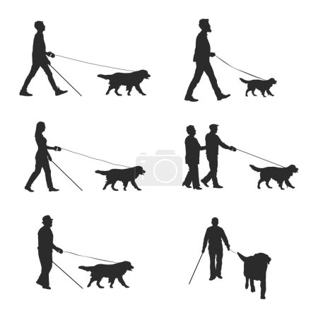 Illustration for Blind people with guide dog walking silhouettes - Royalty Free Image