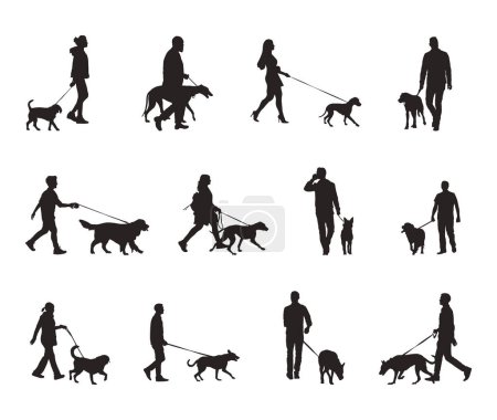 Téléchargez les illustrations : Promenade avec des silhouettes de chien, Les gens qui marchent avec des silhouettes de chien - en licence libre de droit