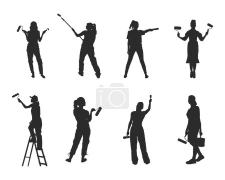 Téléchargez les illustrations : Painter woman silhouettes, House painters silhouette - en licence libre de droit
