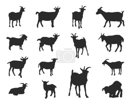 Téléchargez les illustrations : Silhouettes de chèvre, Ensemble de silhouettes de chèvre, Vecteur de chèvre - en licence libre de droit