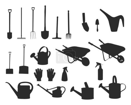 Téléchargez les illustrations : Silhouette d'outils de jardin, Silhouette d'outils et équipements de jardinage, Vecteur d'outils de jardin - en licence libre de droit