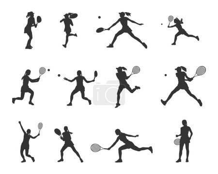Illustration for Female tennis player silhouettes , Tennis player silhouette , Woman tennis player vector, Tennis player SVG, Tennis silhouettes - Royalty Free Image
