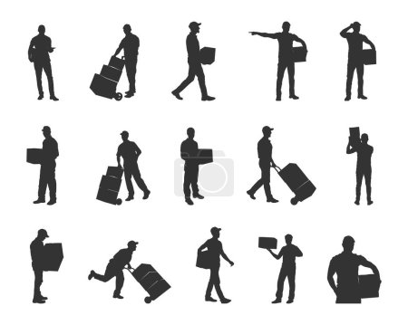 Illustration for Delivery man silhouette, Courier service silhouettes, Delivery man carrying boxes, Delivery man SVG - Royalty Free Image