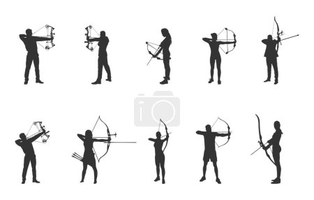 Téléchargez les illustrations : Silhouettes de tir à l'arc, Silhouette de tir à l'arc homme, Silhouette de tir à l'arc femme - en licence libre de droit