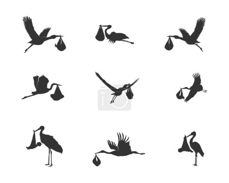 Illustration for Stork carrying baby silhouette, Flying stork carrying baby silhouette, Stork baby delivery silhouette. - Royalty Free Image