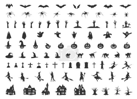 Ilustración de Siluetas de Halloween, Paquete de Halloween, Colección de siluetas de Halloween, vector de Halloween, Halloween Svg, conjunto de iconos de elementos de Halloween - Imagen libre de derechos
