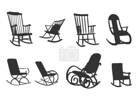Téléchargez les illustrations : Silhouettes de chaise à bascule, Silhouettes de chaise à bascule en bois, Fauteuil à bascule SVG, Silhouette de chaises roulantes, Vecteur de chaise à bascule - en licence libre de droit