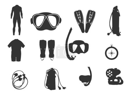 Diving equipment silhouette, Scuba diving equipment silhouette, Equipment silhouette, Diving element vector, Snorkeling gear icons.
