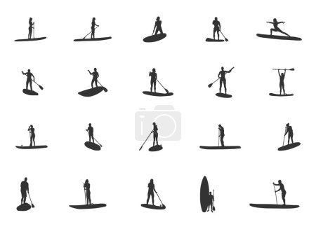 Téléchargez les illustrations : Silhouettes de paddleboard, Silhouette de paddleboard femme, Silhouette de paddleboard, Standup paddleboard, Paddleboard svg, Vecteur de paddleboard, Paddle surfers V01 - en licence libre de droit