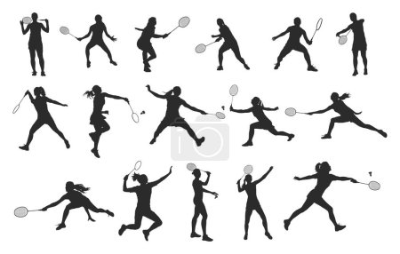 Female badminton players silhouette, Badminton silhouettes, Badminton players svg, Badminton player clipart, Girl badminton silhouettes.