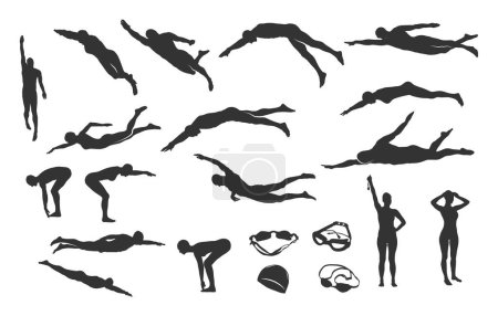 Swimming silhouettes, Swimmer silhouette, Woman swimming silhouette, Swimmer svg, Backstroke swimmer silhouette, Swimming svg, Swimming goggles silhouette, Swimmer icon bundle