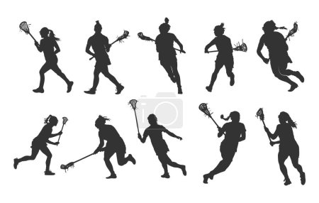 Illustration for Lacrosse female player silhouette, Women's lacrosse silhouette, Lacrosse silhouette girl, Lacrosse silhouettes, Lacrosse player svg, Lacrosse player clipart, Lacrosse woman player silhouettes. - Royalty Free Image
