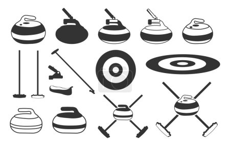 Curling sports equipment silhouette, Silhouette of curling stone, Delivery stick, Curling broom, Curling sheet etc, Curling equipment svg, Curling silhouette