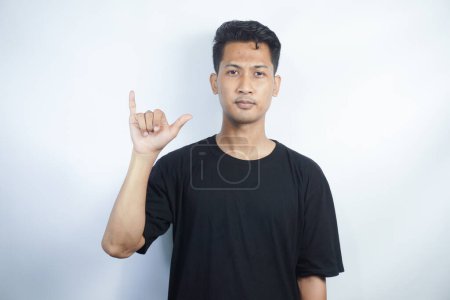 Photo for Man showing letter Y isolated on white background, closeup. Finger spelling alphabet in American Sign Language. ASL concept - Royalty Free Image