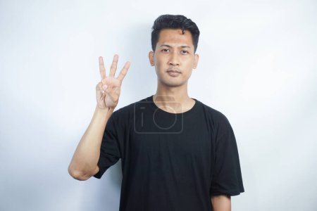 Photo for Man showing letter W isolated on white background, closeup. Finger spelling alphabet in American Sign Language. ASL concept - Royalty Free Image
