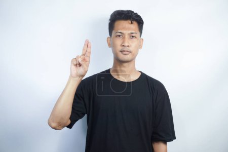 Photo for Man showing letter U isolated on white background, closeup. Finger spelling alphabet in American Sign Language. ASL concept - Royalty Free Image