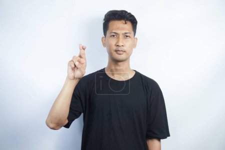 Photo for Man showing letter R isolated on white background, closeup. Finger spelling alphabet in American Sign Language. ASL concept - Royalty Free Image