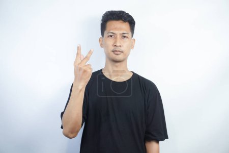 Photo for Man showing letter K isolated on white background, closeup. Finger spelling alphabet in American Sign Language. ASL concept - Royalty Free Image