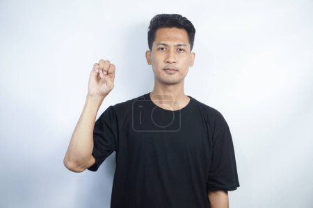 Photo for Man showing letter E isolated on white background, closeup. Finger spelling alphabet in American Sign Language. ASL concept - Royalty Free Image