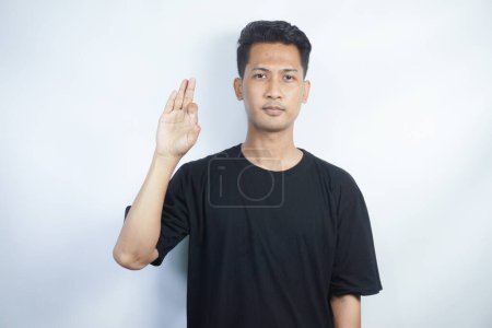 Photo for Man showing letter F isolated on white background, closeup. Finger spelling alphabet in American Sign Language. ASL concept - Royalty Free Image