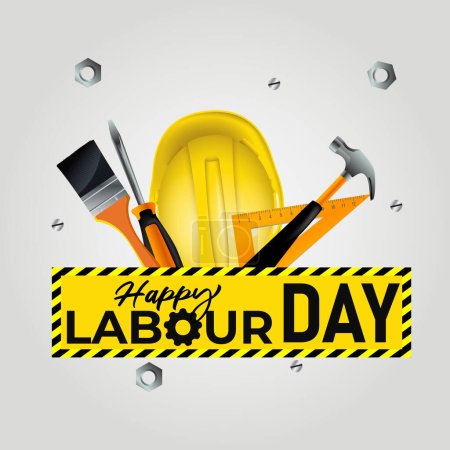 Illustration for Happy Labour day 1st May with helmet, hammer, scale, and brush - Royalty Free Image