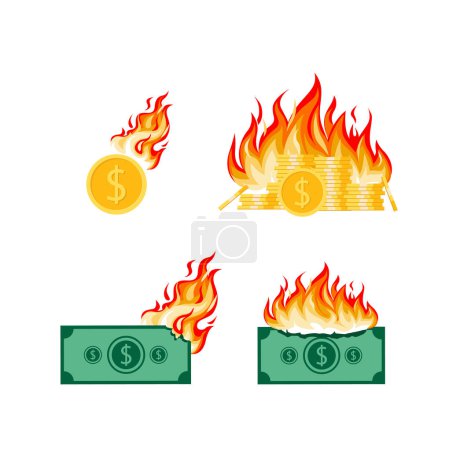 Téléchargez les photos : Ensemble d'argent sur le feu l'inflation illustrations crise économique - en image libre de droit