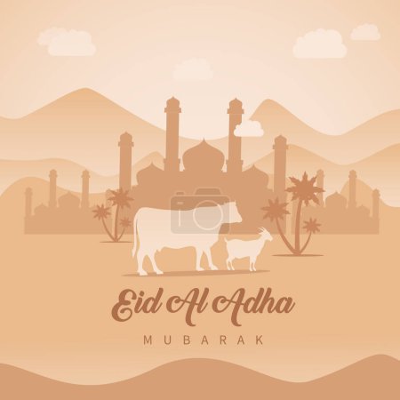 Téléchargez les photos : Illustration vectorielle du fond de l'Aïd al Adha avec chèvre et vache - en image libre de droit