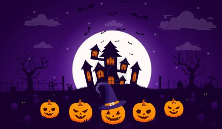 Téléchargez les photos : Illustration vectorielle d'Halloween avec une silhouette d'un château à la lune brillante et des arbres morts près du cimetière traverse plat - en image libre de droit