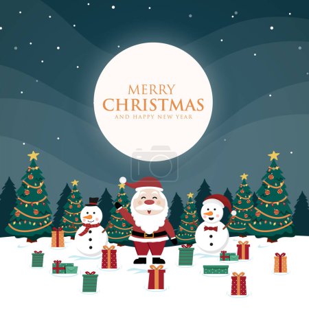 Téléchargez les photos : Vecteur Père Noël claus et bonhomme de neige sur la neige la nuit de Noël avec la pleine lune et enneigée - en image libre de droit