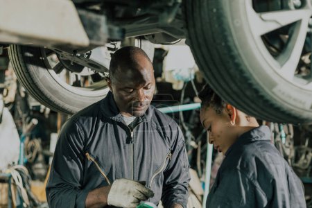 Photo for Auto mechanic supervisor directly coaches, mentors, and trains the trainee staff in technical procedures. Giving advice and feedback to improve all related skills. Focusing on personal development. - Royalty Free Image