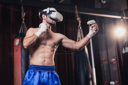 Photo for Professional boxer wear virtual reality headsets to engage in immersive boxing workouts simulations while practicing their punching techniques. Live, customized training sessions with boxing coach - Royalty Free Image