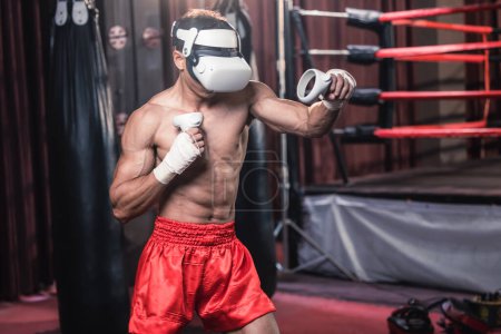 Téléchargez les photos : Les boxeurs professionnels portent des casques de réalité virtuelle pour s'engager dans des simulations d'entraînement de boxe immersive tout en pratiquant leurs techniques de poinçonnage. Séances d'entraînement en direct et personnalisées avec entraîneur de boxe - en image libre de droit