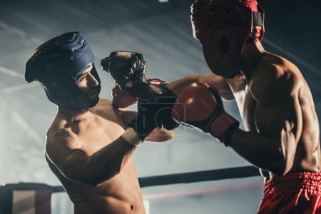 Photo for Boxer use various punch combinations, including the jab, hook, uppercut, cross, swing, straight. Getting in close to make opponent on ropes and knockout. Boxing champions win the round in boxing ring - Royalty Free Image