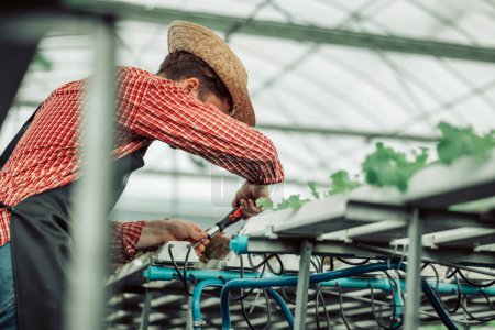 Photo for The hydroponic farm owner conducts technical inspection using handy tools to secure, perform maintenance on the water spout, ensuring its standard condition and flow for improved farming efficiency. - Royalty Free Image