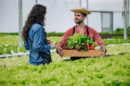 Photo for Hydroponic farm owner carefully selects quality veggies, monitoring growth, delivering routine evaluations. Efficiently organized operations in greenhouse tray, foster sustainable agricultural growth - Royalty Free Image