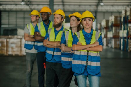 Photo for Multicultural warehouse staff creates logistical atmosphere that encourages empowerment, confidence. The collaborative and diverse team results in excellent performance and a strong sense of unity. - Royalty Free Image
