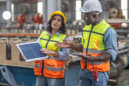 Foto de Trabajadores de chapa metálica en fábrica planean instalar paneles solares en el techo, promover la energía renovable, reducir costos, registrar créditos de carbono para una manera sostenible y eficiente de combatir el cambio climático. - Imagen libre de derechos