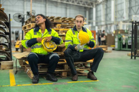 Photo for Cardboard workers engage in lively conversations, sharing ideas, and offering advice during breaks. This promoting togetherness and meaningful interactions, creating positive and productive workspace - Royalty Free Image