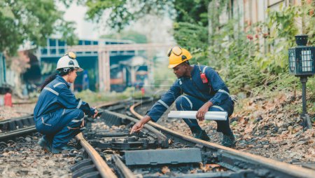 The locomotive maintenance engineer, dressed in safety gear, inspects the railway track for signs of wear and proper alignment. Focus on detail and precision. Ensuring it meets all safety standards.