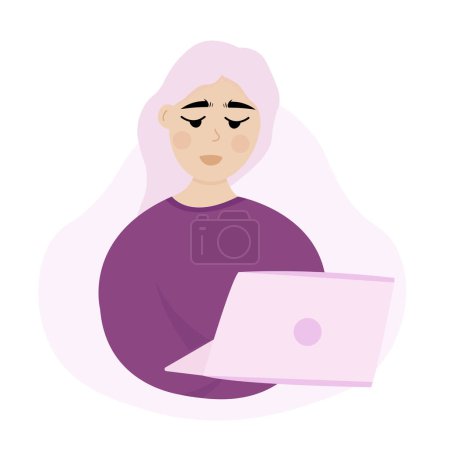 Illustration for Young woman holding laptop and working from home with smile. Happy freelancer, programmer or designer. - Royalty Free Image