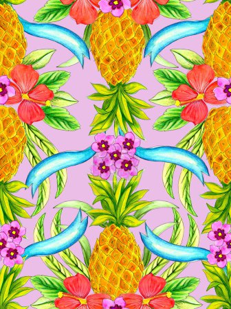Foto de Patrón sin costuras con piña dibujada a mano, frutas exóticas y flores tropicales, ilustración de acuarela para tela, diseño textil - Imagen libre de derechos