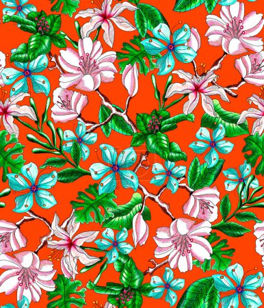 Foto de Patrón inconsútil colorido con flores abstractas y bancos, ilustración handraw - Imagen libre de derechos