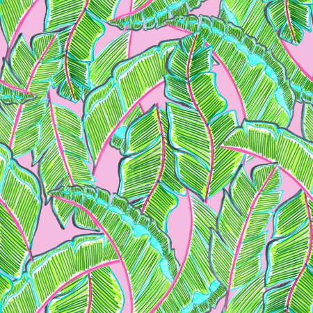 Foto de Patrón inconsútil colorido con hojas abstractas de plátano, ilustración handraw - Imagen libre de derechos