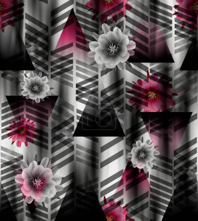 Foto de Patrón geométrico inconsútil negro, fondo moderno abstracto con flores rosadas - Imagen libre de derechos