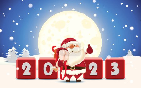 Ilustración de Santa Claus lleva a una Santa Girl borracha sobre su hombro en un entorno invernal, ilustración vectorial para el saludo navideño - Imagen libre de derechos